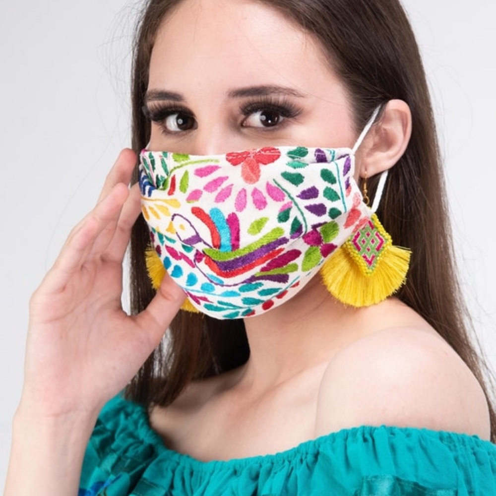 Mexican Handmade Embroidered Doves Multicolor Face Mask - Picture 2 of 2